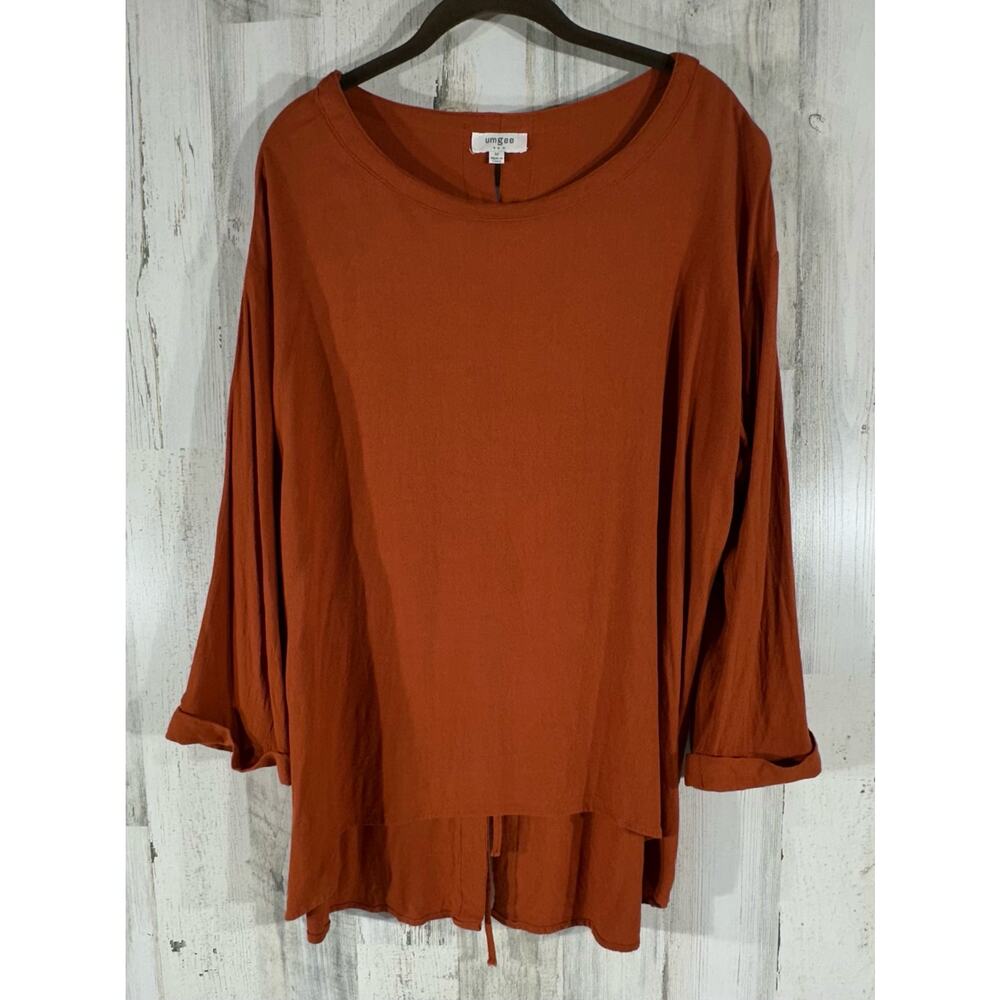 Umgee Womens Tunic Shirt Size Medium Orange Rust High Low‎ Hem Lace Up Back
